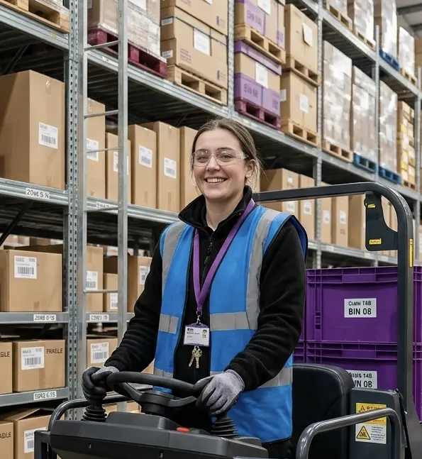Warehouse operative on a pallet truck in a Cambridge distribution centre